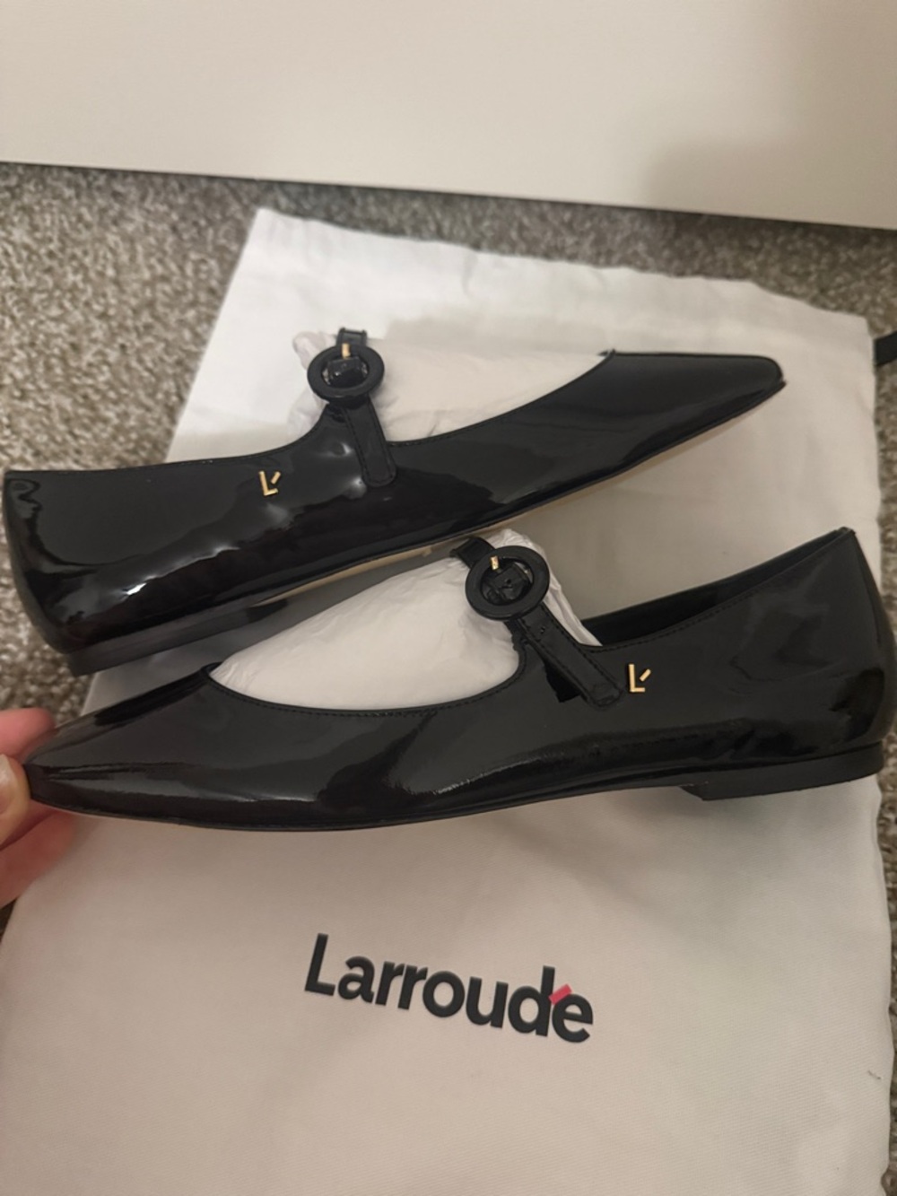 Larroude Black Patent Mary Jane Flats with Circular Button
